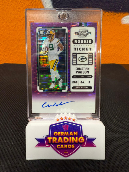 Christian Watson Rookie Ticket On-Card Auto Purple Pulsar 06/21 - Panini Contenders Optic 2022